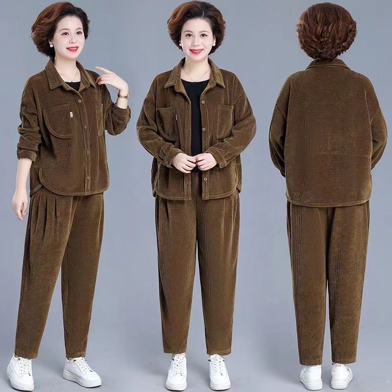 妈妈装时尚感灯芯绒套装女2025秋冬加厚加绒中老年休闲两件套|undefined