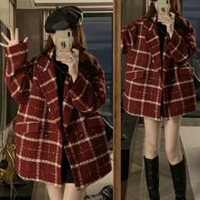 西服毛呢外套女秋冬新款韩版时尚小个子宽松慵懒风红大衣呢子大衣