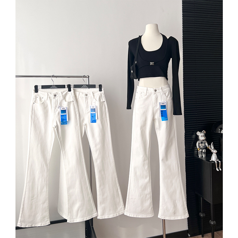 Spring and Autumn White High-Waisted Slim-Fit Stretchy Straight-Leg Flared Jeans for Tall Women