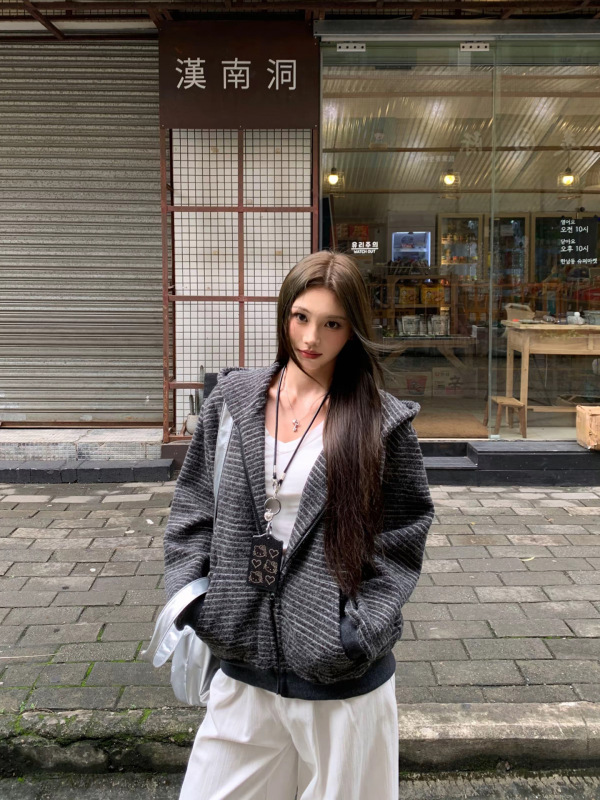 黑色条纹卫衣外套女2025新款韩系早秋穿搭美式复古慵懒风毛衣外套|undefined