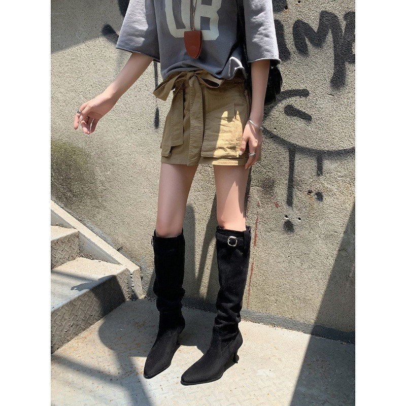 时尚辣妹细跟高跟高筒堆堆靴女绒面百搭不过膝长靴瘦瘦靴|undefined