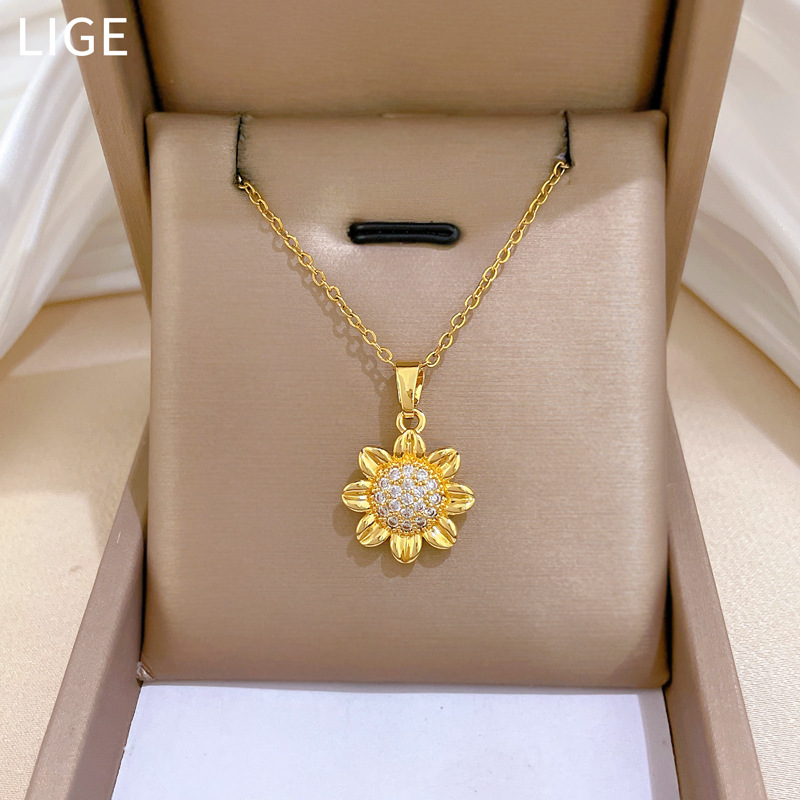 Wunderschöne Sonnenblumenhalskette Mit Strass Aus Titanstahl_voghion.com