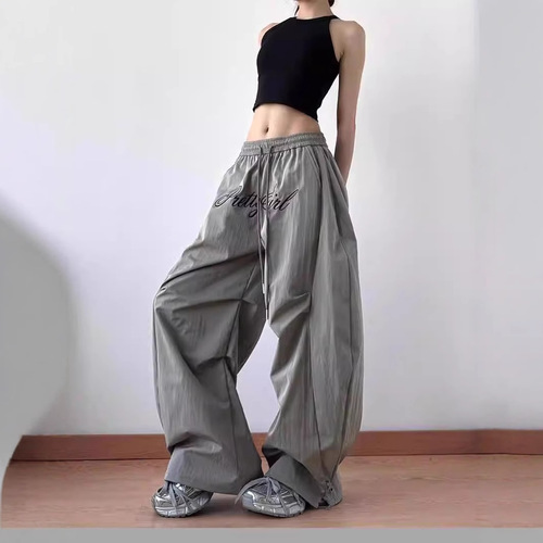 American Letter Embroidered Pleated Parachute Workwear Leisure Pants for Women 2025 Spring New Style Flowy Wide Leg Knife Pants