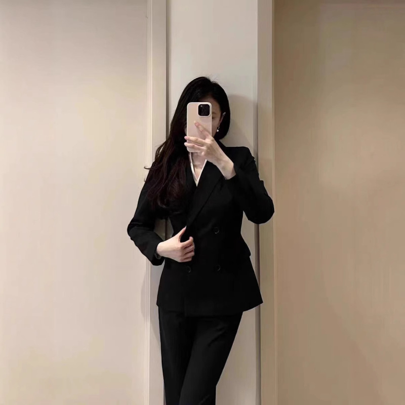 灰色西装套装女2025年春秋新款上衣工作服正装黑色西服外套两件套|undefined