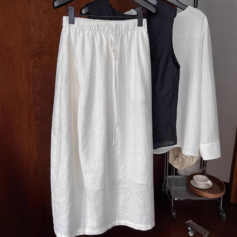 Chao Level Recommendation! White Linen Silhouette Skirt Women's New Summer Loose Casual Slit Straight Long Skirt