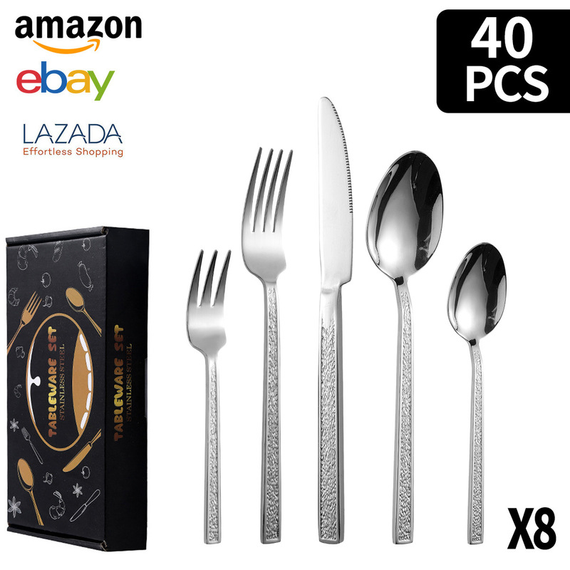 クロスボーダーステンレス食器角ハンドル石模様20/30/40/60ピースセットチタンメッキ洋食器ステーキナイフ、フォーク、スプーン|undefined