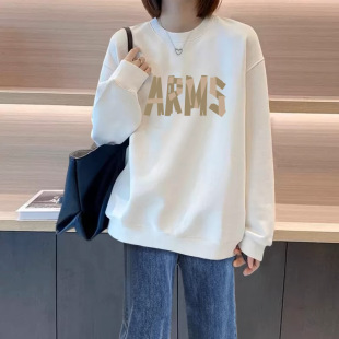 2024 Western Style Age-reducing Black and White Crewneck Sweatshirt Women's Autumn New Loose All-match Top Printed Jacket