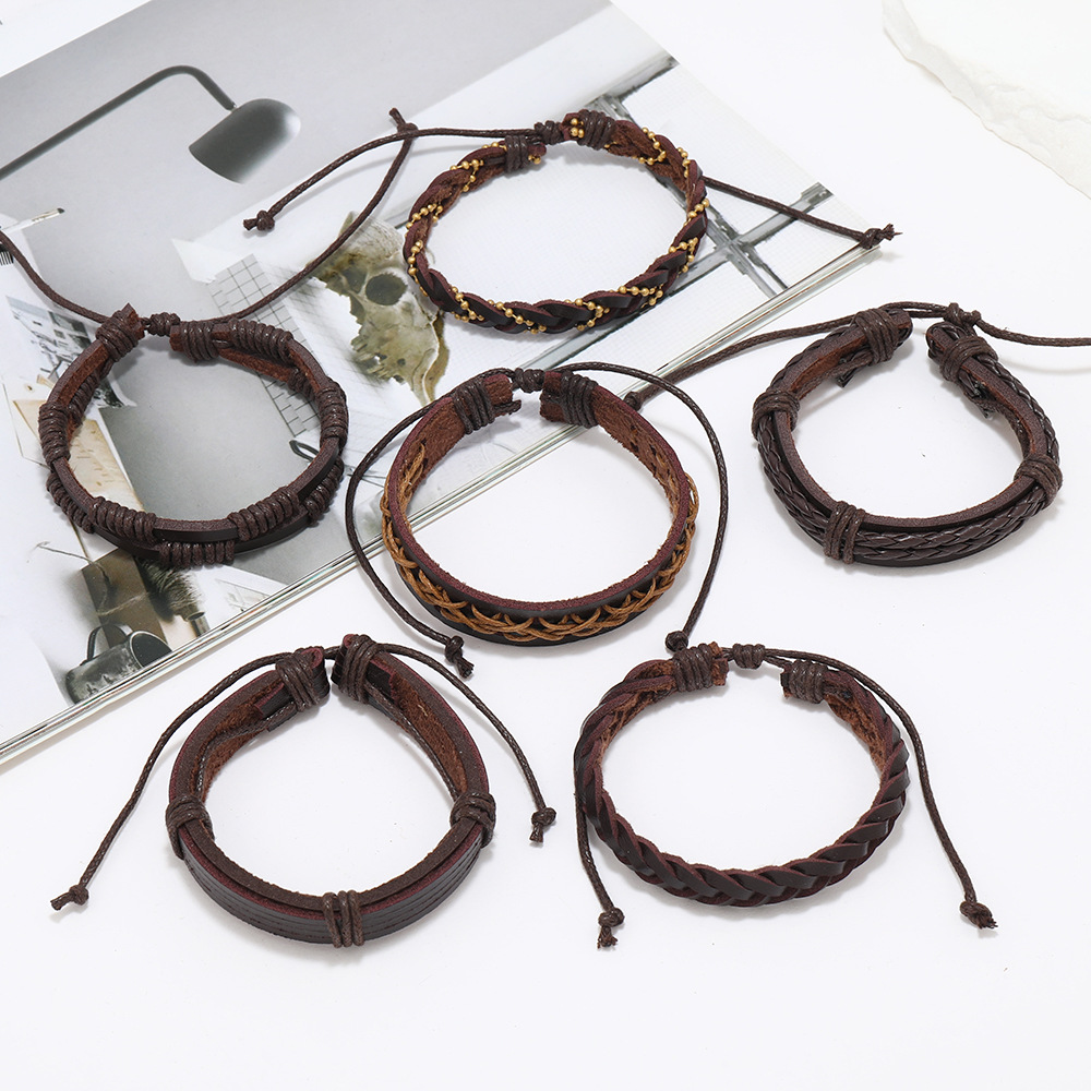 Men's Gender Retro Waves Pu Leather Wax Line Braid Men's Bracelets Men Cord & Leather Bracelets