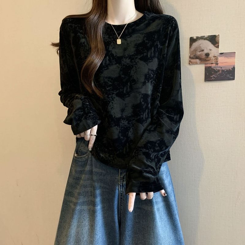 大码德绒复古扎染长袖T恤女秋冬季新款洋气显瘦内搭打底衫上衣ins|undefined