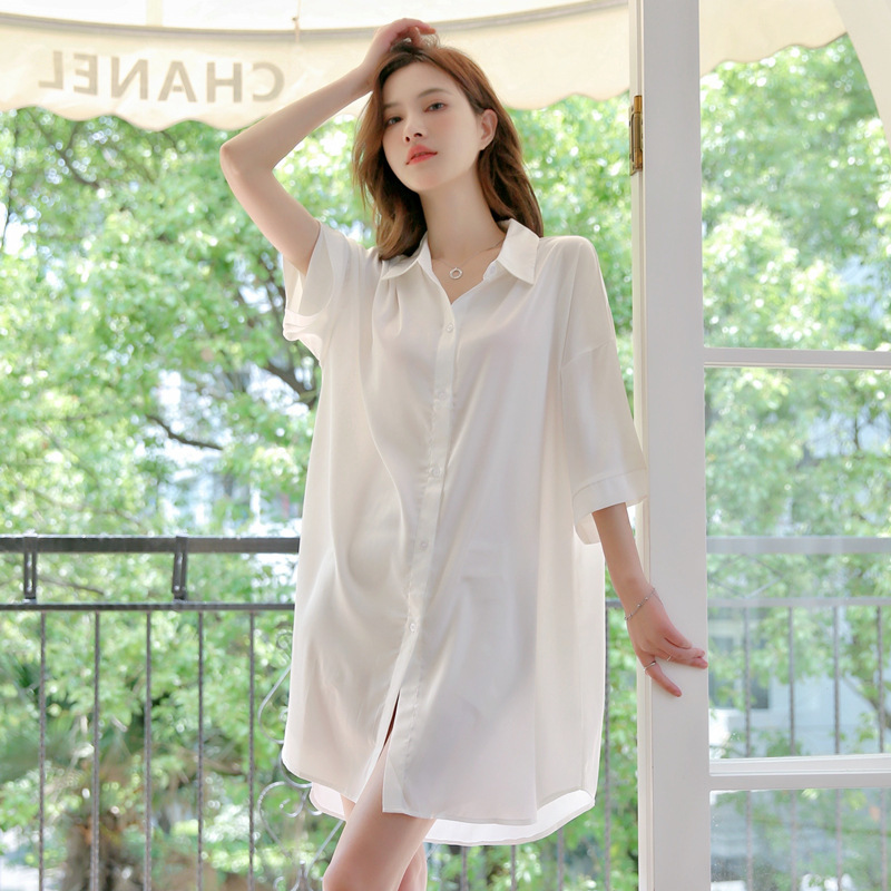 White Shirt Nightdress Satin Ice Silk Pajamas Women's Sexy Short-sleeved Summer Mid-length dress Internet Popular Home Clothes