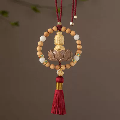 Car hanging: Bodhi Car Ornament Boxwood - burgundy-guanyin-blessing-style