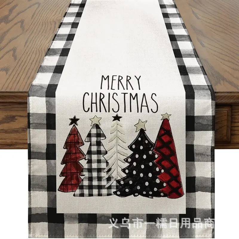 国境を越えて人気のクリスマステーブル旗サンタクロースヘラジカ雪だるま亜麻プリント客間茶卓装飾品|undefined