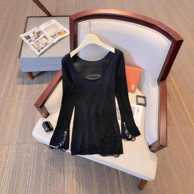 Spring Fashion Long Long-sleeved Knitted Sunscreen Shirt Women's Loose Lazy Style Hole Hollow Design Top for Women Spring Fashion Long Long-sleeved Knitted Sunscreen Shirt Women's Loose Lazy Style Hole Hollow Design Top for Women