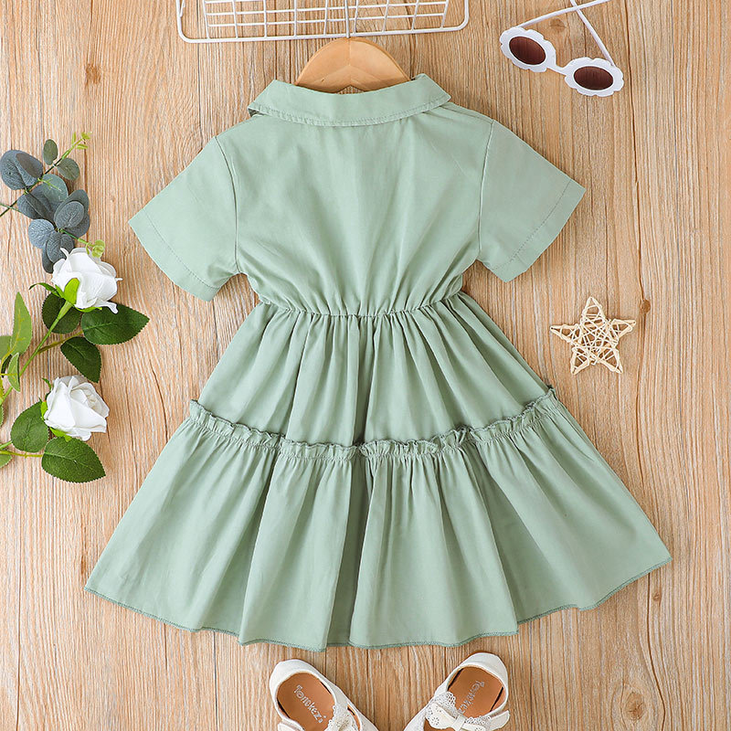 2022 Summer New Girls' Short-sleeved V-neck Solid Color Dress display picture 3