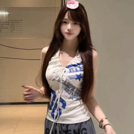 American-style star and letter print halter neck tank top for women, summer hot girl jersey, sporty slim-fit top