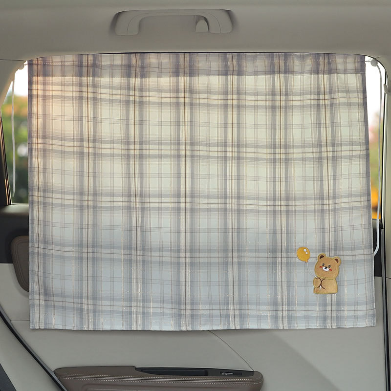 Side Window, Katong Car curtains - blue-gray-gold-grid-balloon-bear