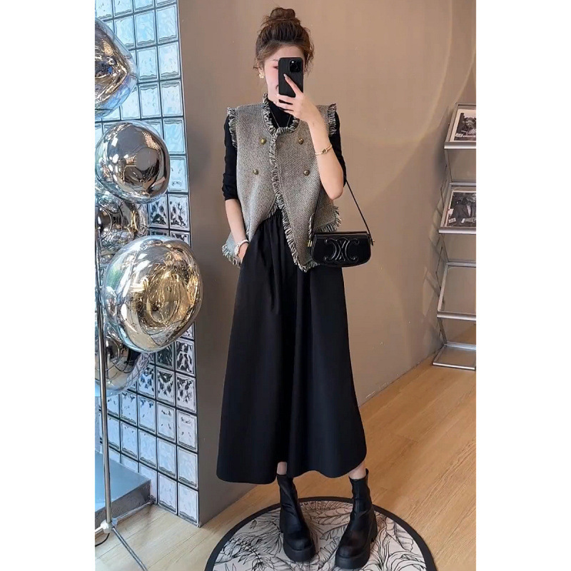 秋冬季哺乳衣外出辣妈款产后穿喂奶衣服小香风马甲+哺乳连衣裙|undefined