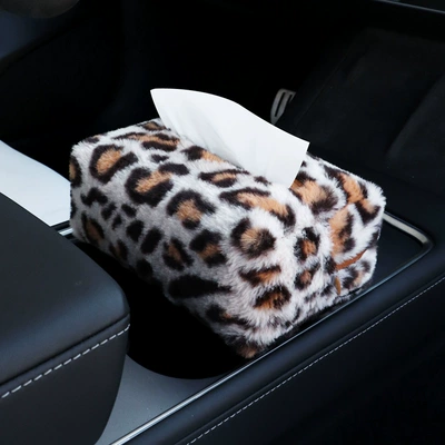 Car Leopard Tissue Box Advanced Sense Cute Paper Box Car Sun Visor Hanging Tissue Bag Car Interior Decoration for Women (Car tissue box/set) - light-brown