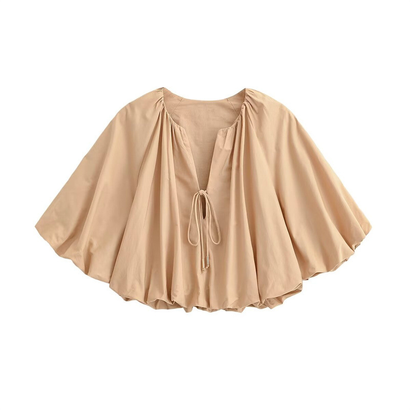 European and American Style 26 Summer New Simple Niche Design Lace-Up Puff Sleeve Shirt Poplin Balloon-Style Top