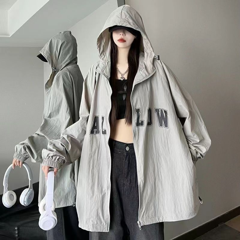 Women's long-sleeved, loose-fitting, mid-length, breathable cardigan with hood, sun protection, thin short jacket for summer.