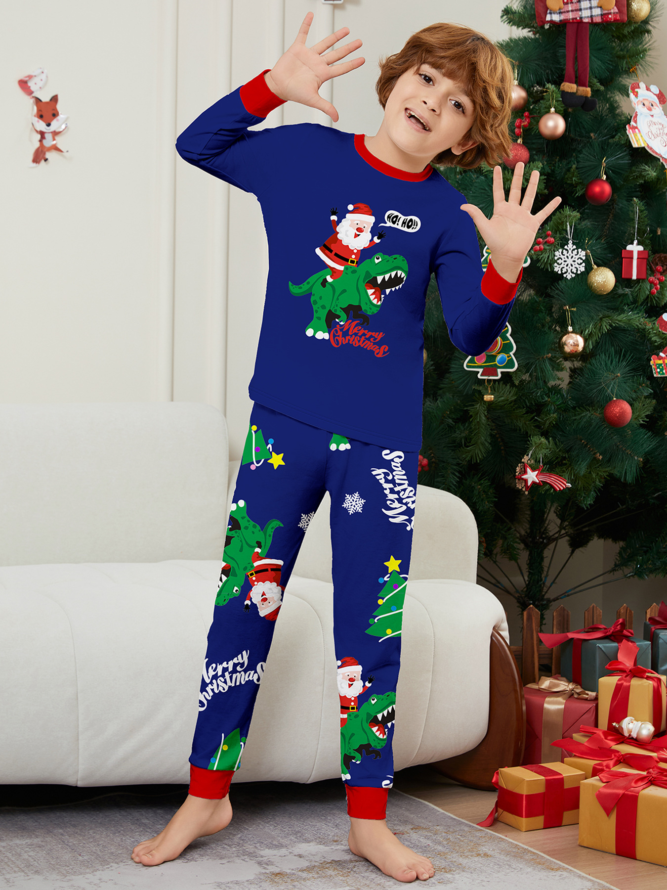 Božićna kućna odjeća Obiteljska odjeća Zelena pidžama s printom dinosaura Djeda Mraza Plavo odijelo_voghion.com