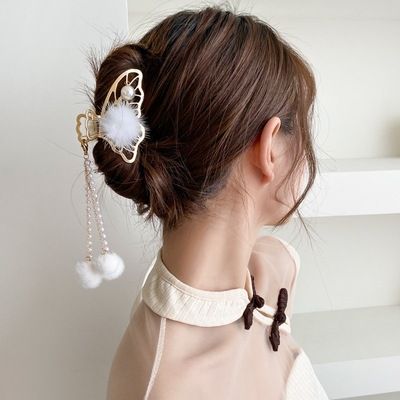 2pcs Hanfu chinese dress  hair clip for women girls Pearl hair ball tassel alloy gripping clip Hanfu fairy headdress back head hair bun hairpin