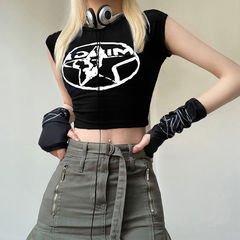 European and American women's clothing subculture small dark print flying sleeves T-shirt retro women's old-fashioned slimming shirt 