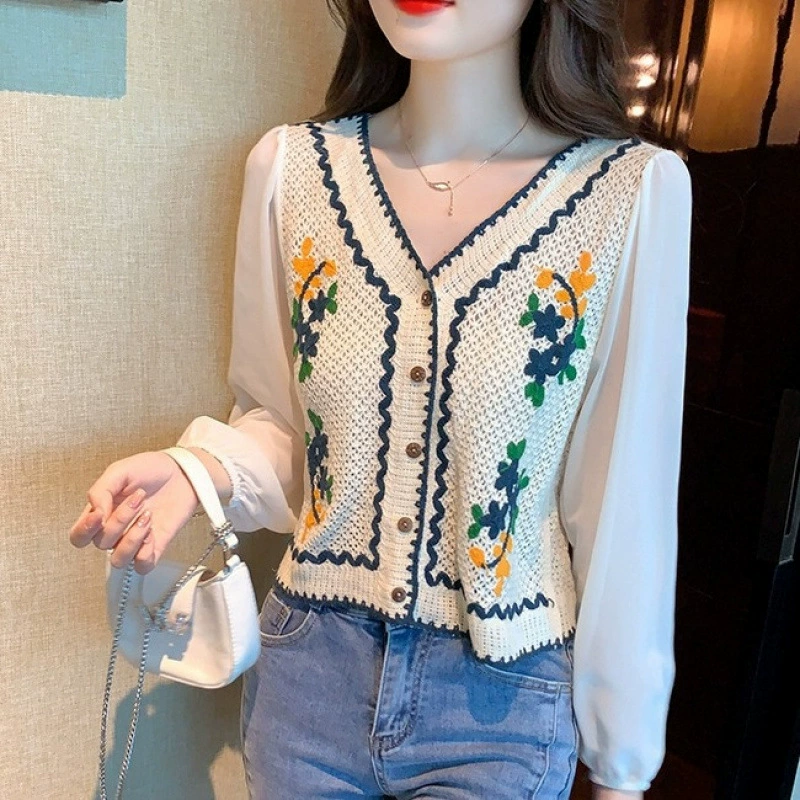 Шифоновая рубашка с длинными рукавами в этническом стиле, трикотаж нового стиля с вырезами, вышивка с вырезами на крючках, женская верхняя куртка-кардиган