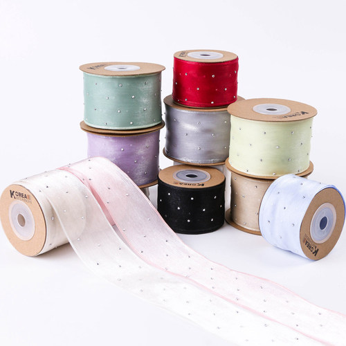 Hot diamond snow textile ribbon DIY bow hair accessories straw hat florist shop flower packaging silver dot silk ski yarn ribbon
