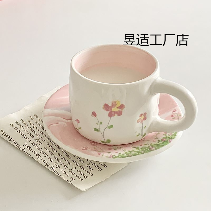Pink Hand-painted Ceramic Girl's Heart Wind Flower Sea suit Cute Han Slow as Old Afternoon Tea Coffee Cup and Saucer