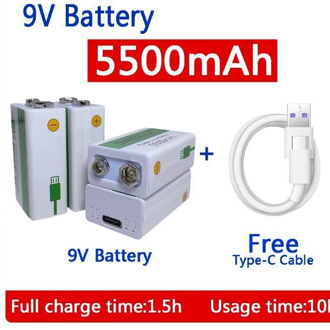 9V5500mAh锂离子可充电电池USB电池万用表麦克风玩具+充电线