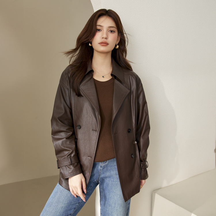 Xianlixiu 大きいサイズの女性のファッショナブルでトレンディなウエスト痩身ダブルブレスト PU レザージャケットファット mm2024 秋の新スタイル|undefined