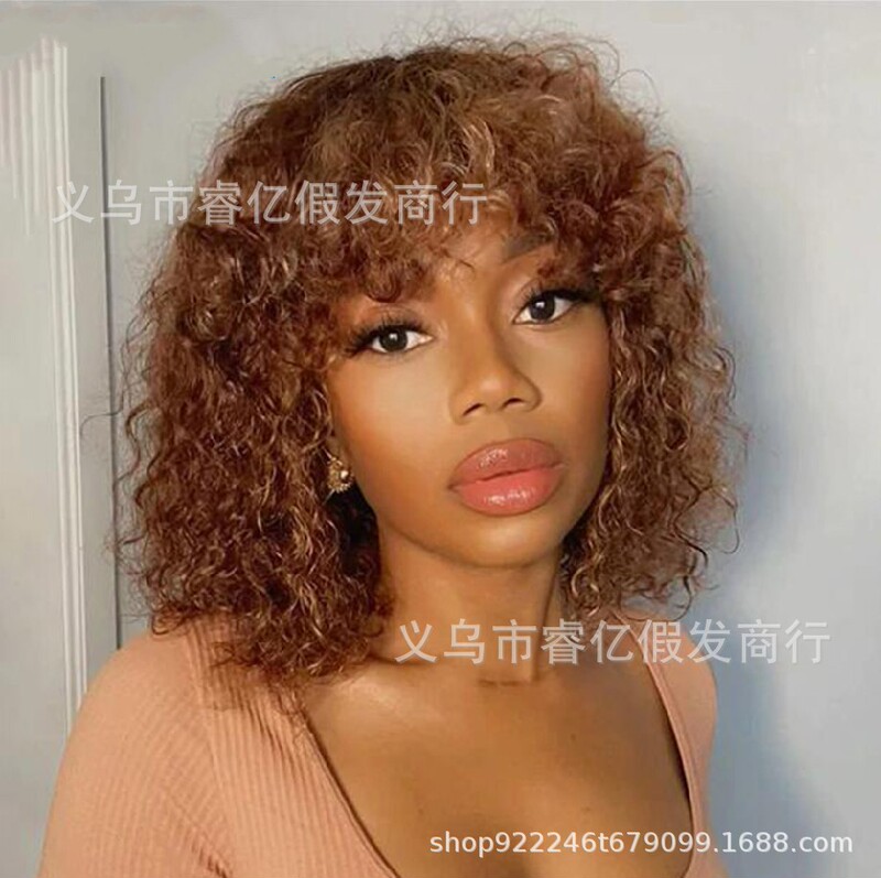2022 independent website new password wig can be neat oblique bangs Brown short curly hair overseas warehouse wholesale