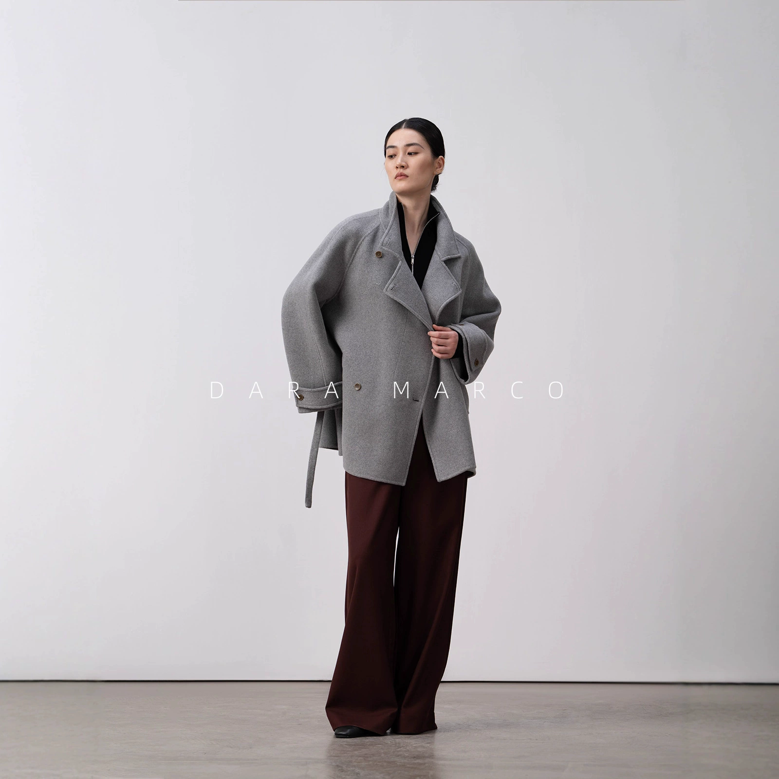 烟管领风衣款双面山羊绒大衣双排扣宽松女秋冬外套轻柔立绒蓬松感