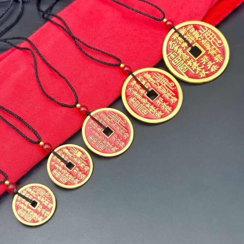 Vintage Mountain Spirit Flower Pendant Mountain Spirit Thunder God Bagua Cinnabar Copper Coin New Chinese Style Handmade Pendant Braided Rope Necklace