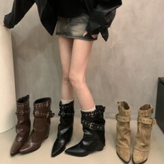 2025新款美式辣妹铆钉裤腿增高尖头短靴女秋冬新品西部牛仔靴黑色