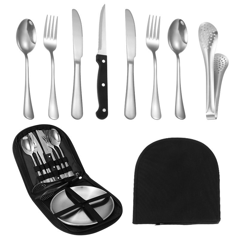 Cross-border Amazon stainless steel knife, fork, spoon tableware set outdoor picnic barbecue plate tongs portable storage tableware bag
