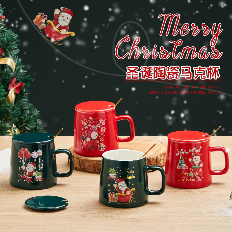 Taza de cerámica de Navidad con tapa cuchara nueva caja de regalo de Navidad de dibujos animados creativa transfronteriza