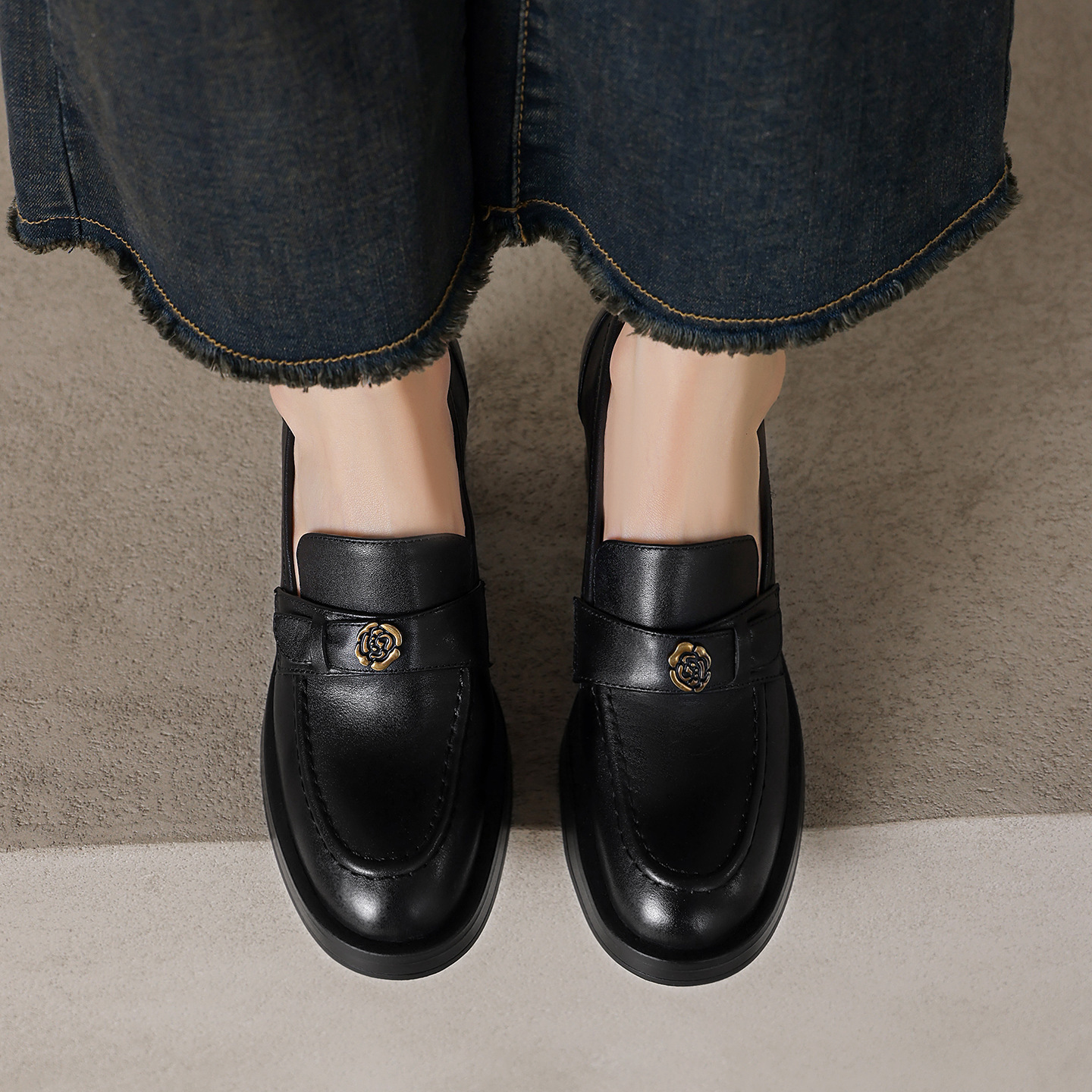 Giày loafer nữ cao gót phong cách Anh quốc vintage, da bò thật gót vuông — màu nâu