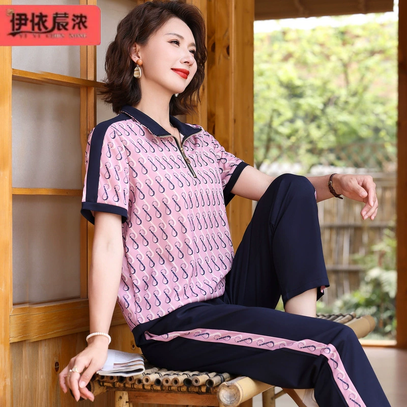 Летний новый женский лацканный набор с короткими рукавами повседневный повседневный 45-летний средний и пожилой матери в тонком дышащем костюме