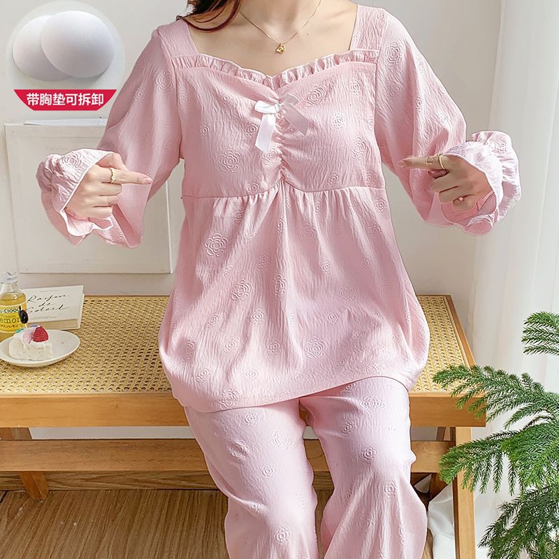 Pijama con cojín de pecho para mujeres primavera y otoño nuevo algodón nubes mangas largas pijama largo mediano dulce princesa ropa de estilo doméstico se puede usar fuera