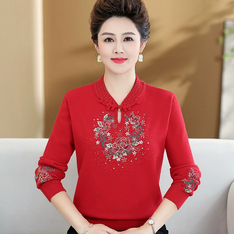 Осенняя одежда для мам, красный свитер, модные благородные женщины среднего и пожилого возраста, зимняя одежда, нижняя рубашка с воротником чонсам