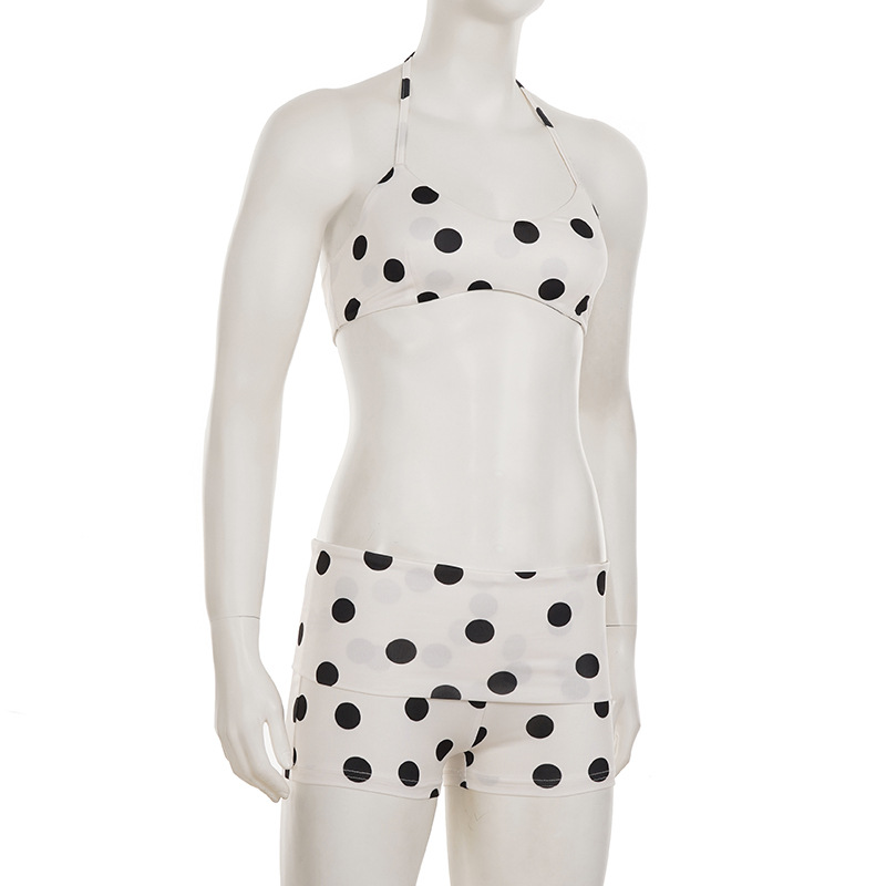 European And American Retro Beach Resort Hot Spring Polka Dot Sexy Bikini Set With Halter Neck Top + Solid Color Shorts_ecoleips.com