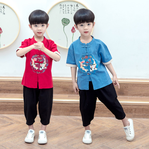 Mandarin Collar Summer Style Traditional Chinese Costume Set for Boys, Baby Cotton and Linen Hanfu, Gentleman's Dress, Ancient Costume for Children's Performance Dress