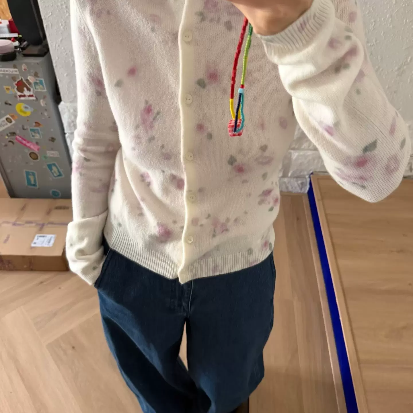 新款百搭晕染感花卉印花绵羊毛短款修身针织开衫女5128