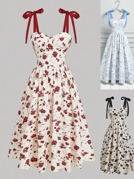 2025 Summer New Style Lace-up Shoulder Elegant dress Floral Print Tight Waist Holiday Elegant Casual Slip Dress