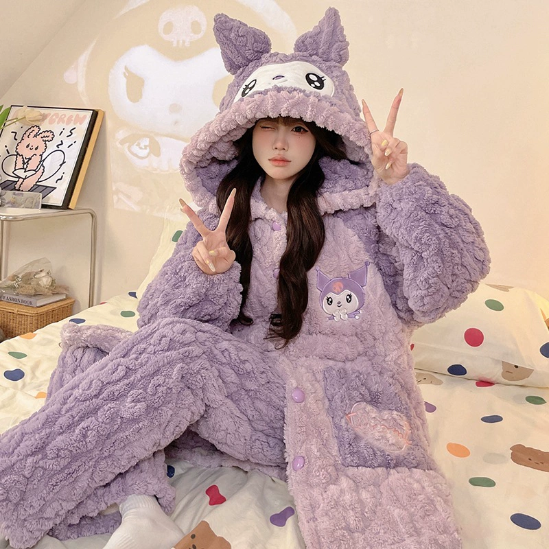 Хеллоkitty, милая стеганая зимняя на bathrobe, теплая кофта капюшон, мультяшный пижама, набор