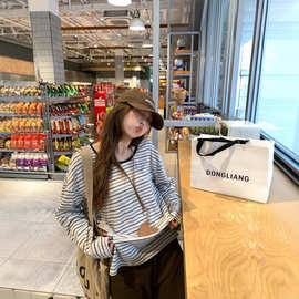 原版色织雪花韩系oversize宽松慵懒条纹松弛感长袖T恤女薄款上衣