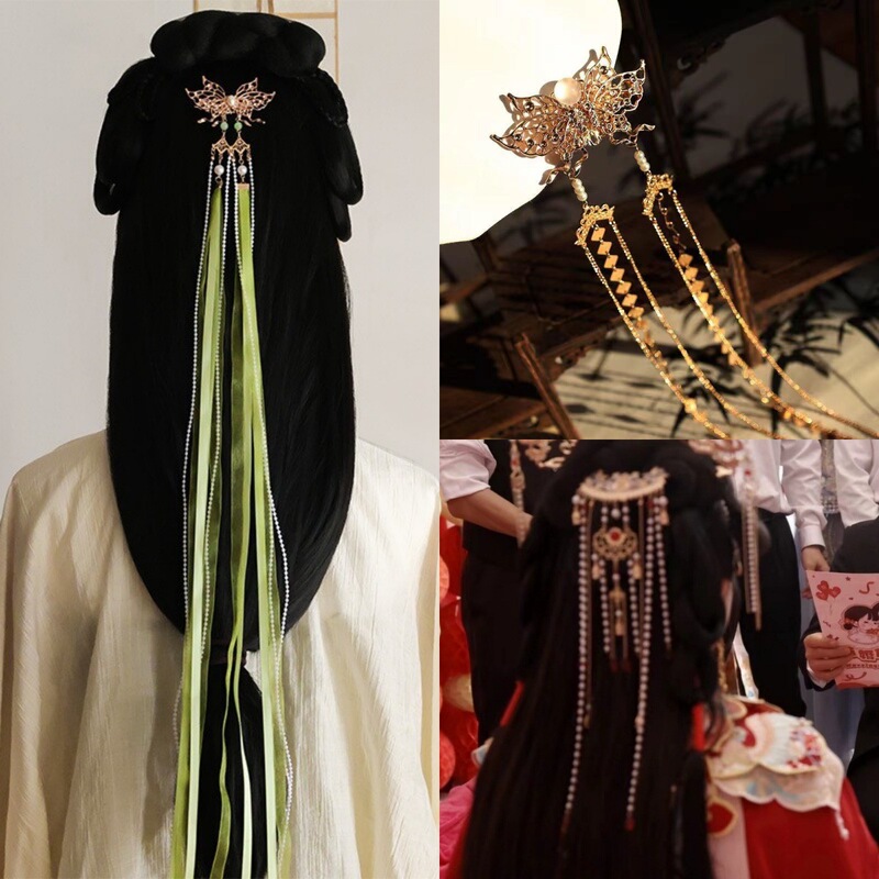 Ancient Style Hanfu with Long Fairy-Like Ribbons, Versatile Elegant Tassel Hairpin, Ming-Style Headwear, Hanfu Wedding Updo Headwear Ancient Style Hanfu with Long Fairy-Like Ribbons, Versatile Elegant Tassel Hairpin, Ming-Style Headwear, Hanfu Wedding Updo Headwear