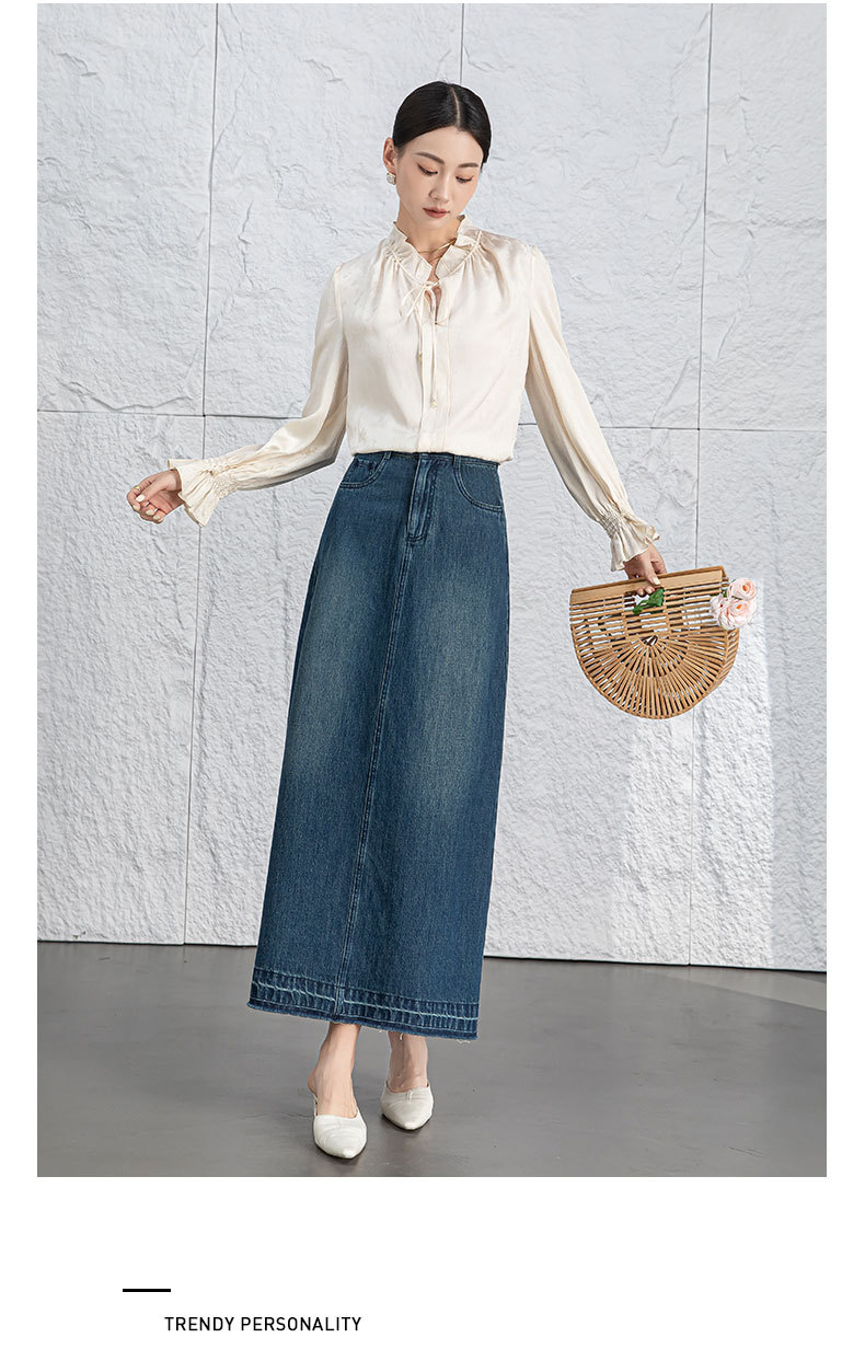 Váy bò Tencel cổ điển cạp cao Xinge dáng dài viền ren xẻ tà tôn dáng — Xanh lam hoài cổ chi tiết 20